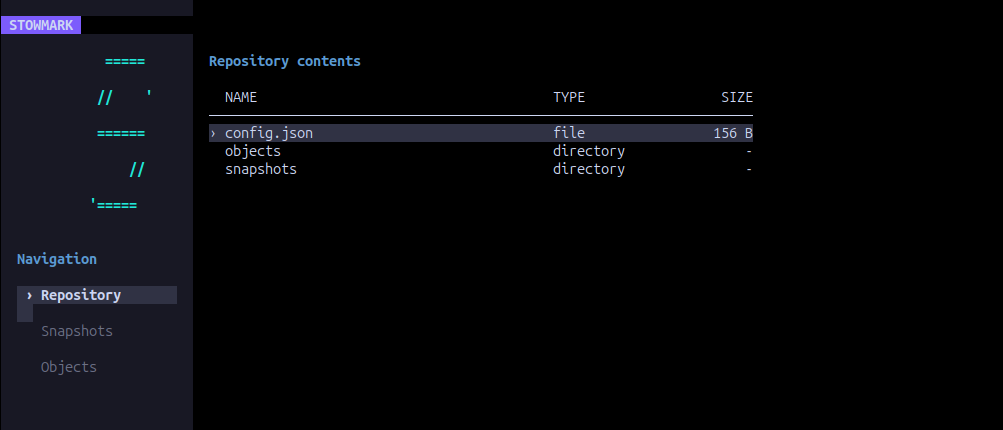 stowmark-console showing the repository contents, navigation menu and STOWMARK ASCII logo
